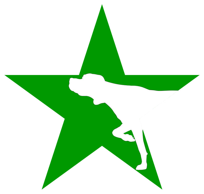 Logo, A green star with a cutout shape of a dog with its head upwards and one front paw up